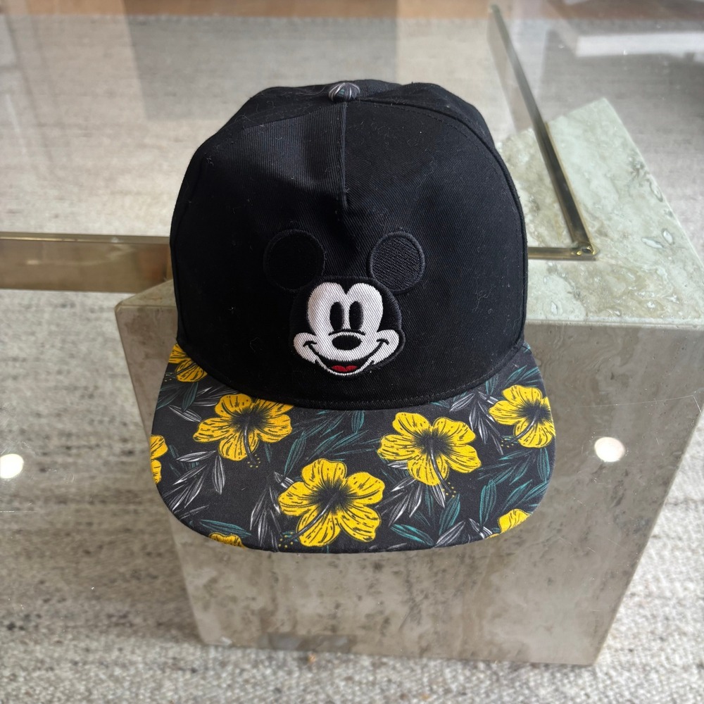 Disney Mickey Mouse Snapback Hat Adult OSFM Black Floral Excellent Tropical